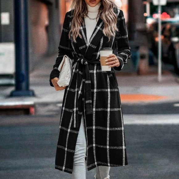 . Jackets & Blazers - Contemporary Black white Plaid Print Shawl Collar Belted Overcoat Jacket Coat